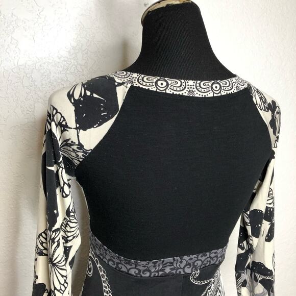 Hale Bob black cream gray mixed floral butterfly print silk dress size Small - Picture 8 of 12